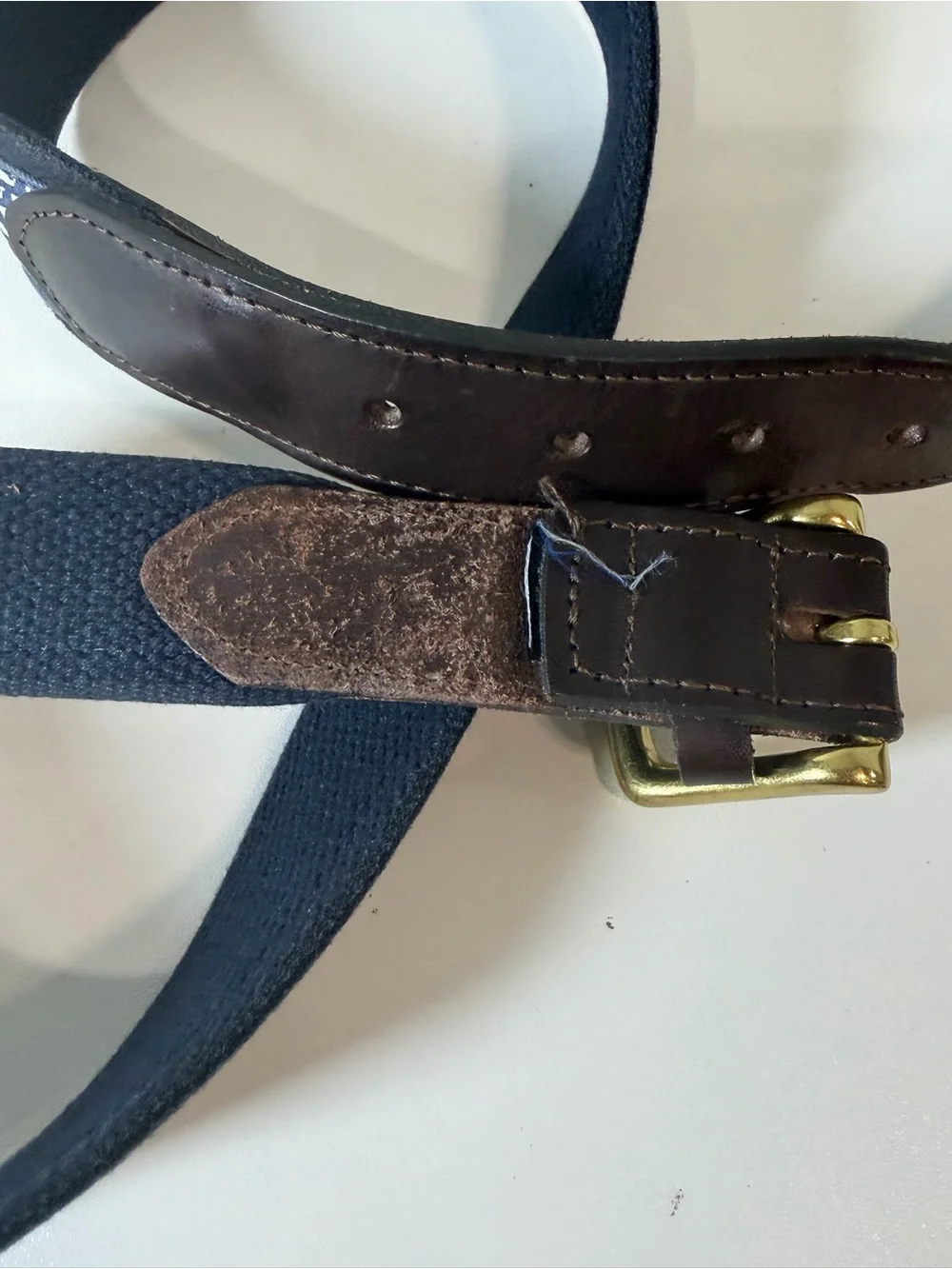 Vineyard Vines 36W Navy Whale Pattern Web Belt with Brown Leather Trim